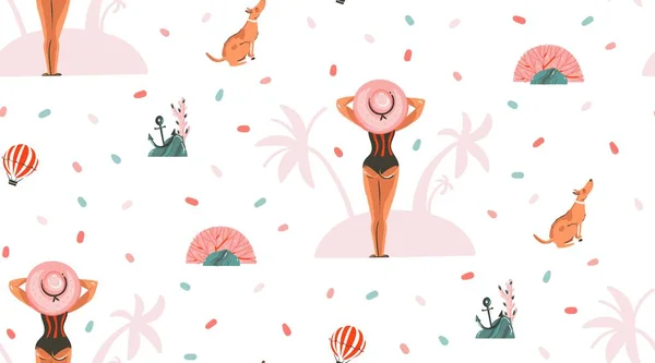 Ручной рисунок вектор абстрактный графический мультфильм летнее время плоские иллюстрации бесшовные узоры с девушкой и собакой на летнем пляже изолированы на розовом пастельном фоне — стоковый вектор