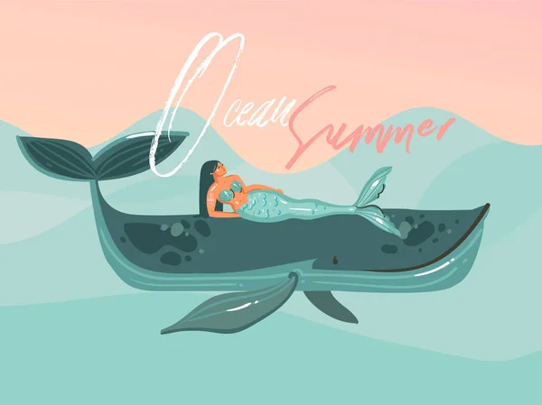 Dibujado a mano vector abstracto dibujos animados hora de verano ilustraciones gráficas plantilla tarjeta con sirena chica, ballena en las olas azules y tipografía moderna Océano verano aislado sobre fondo rosa puesta de sol — Vector de stock