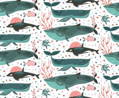 Elle çizilmiş vektör karikatür grafik yaz saati sualtı okyanus alt illüstrasyonlar Dikişsiz desen mercan resifleri, güzellik büyük balinalar, beyaz arka plan üzerinde izole yosunlar