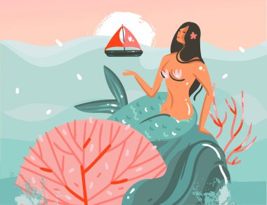 Elle çizilmiş vektör karikatür yaz saati grafik sualtı çizimler şablon arka plan sanat okyanus, güzellik deniz kızı kız ve pembe günbatımı