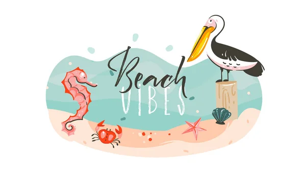 Hand drawn vector abstract cartoon summer time graphic underwater illustrations template background scene with sea bottom,seahorse,pelican bird,starfish and Beach Vibes typography isolated on white — Stock Vector