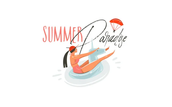Рука намальована вектор абстрактний мультфільм літній час графічні ілюстрації мистецтво з красунею дівчина на однорідному кільці плаває на басейні і Літній рай типографія цитата ізольовані на білому тлі — стоковий вектор
