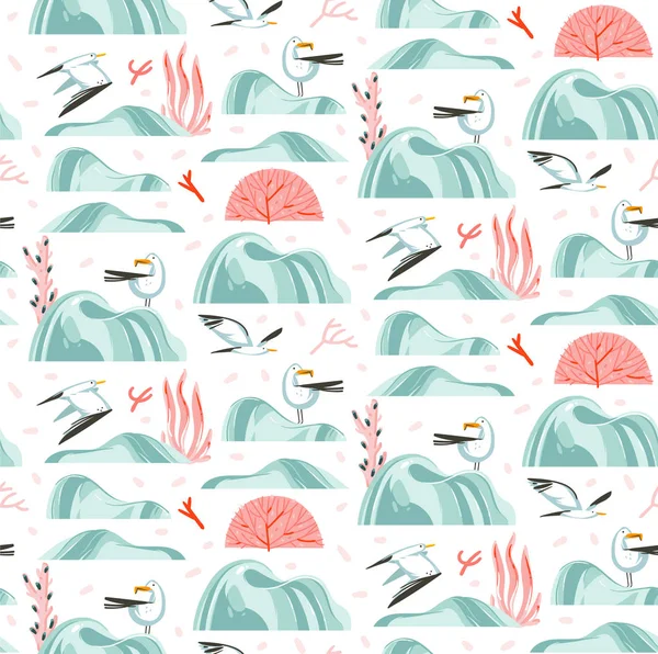 Ручной рисунок векторных абстрактных мультфильмов летнего времени графические иллюстрации художественные бесшовные картины с летающими морскими чайками, камнями, коралловыми рифами, морскими водорослями и скорлупой на пляже изолированы на белом фоне — стоковый вектор