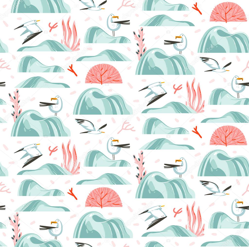 Hand drawn vector abstract cartoon summer time graphic illustrations artistic seamless pattern with flying sea gulls,stones,coral reefs ,seaweeds and shell on beach isolated on white background