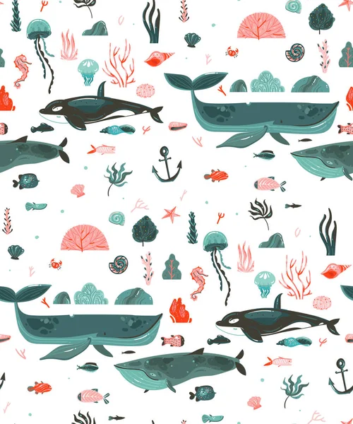 Mão desenhado vetor abstrato cartoon gráfico verão tempo subaquático oceano fundo ilustrações sem costura padrão com recifes de coral, beleza baleias grandes, algas isoladas no fundo branco —  Vetores de Stock