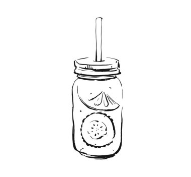Çizilmiş vektör soyut sanat pişirme mürekkep kroki çizim cam mason beyaz arka plan üzerinde izole tropikal salatalık limonata kokteyl sallamak içki ver. Diyet detoks kavramı