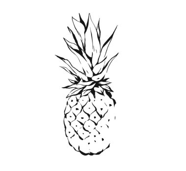 Beyaz arka plan üzerinde izole el çizilmiş vektör soyut egzotik tropik mürekkep grafik çizim meyve ananas illüstrasyon simge. Sağlıklı yaşam konsepti