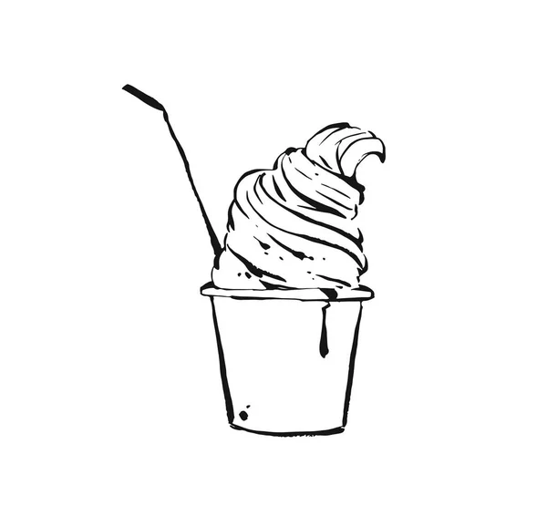 Dibujo de tinta abstracta vectorial dibujado a mano dibujo gráfico icono de ilustración con helado en una taza de plástico para llevar aislado sobre fondo blanco — Archivo Imágenes Vectoriales