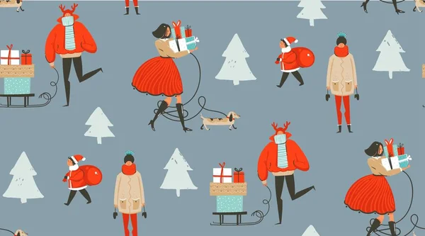 手绘矢量抽象有趣的圣诞时间卡通插图无缝模式与人走在冬季服装和惊喜礼品盒在灰色背景下隔离 — 图库矢量图片