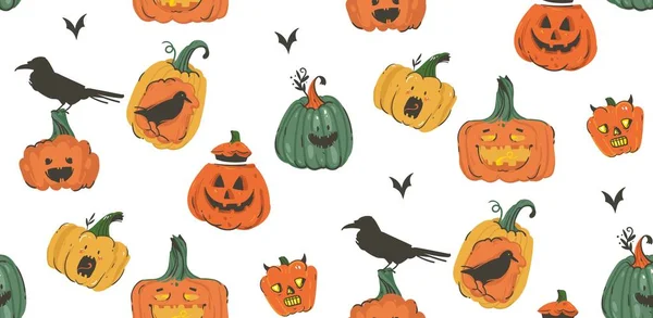 Dessiné à la main vecteur dessin animé abstrait Happy Halloween illustrations motif sans couture avec des citrouilles emoji lanternes cornées monstres, chauves-souris et corbeaux isolés sur fond blanc — Image vectorielle