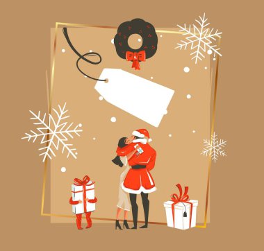 Elle çizilmiş vektör soyut eğlenceli mutlu yeni yıl zaman çizgi film illüstrasyon romantik çift öpüşme ve sarılma, Noel çelenk, hediye ve beyaz etiketi ile küçük çocuk izole kahverengi zemin üzerinde