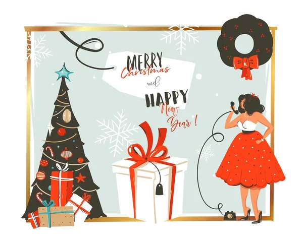 Χέρι συρμένο διάνυσμα αφηρημένο καλά Χριστούγεννα και Ευτυχισμένο το νέο έτος χρόνου ρετρό vintage καρτούν εικονογράφηση ευχετήρια κάρτα με beautuful γυναίκα με φόρεμα και δώρο πλαίσιο που απομονώνονται σε λευκό φόντο — Διανυσματικό Αρχείο