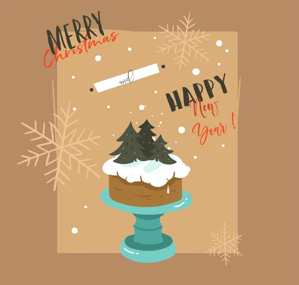 Рука намальована векторна абстракція Веселого Різдва та Щасливого Нового року ретро мультфільми ілюстрації вітальна листівка з дизайном підставки для торта та сучасна типографія ізольовані на коричневому фоні — стоковий вектор