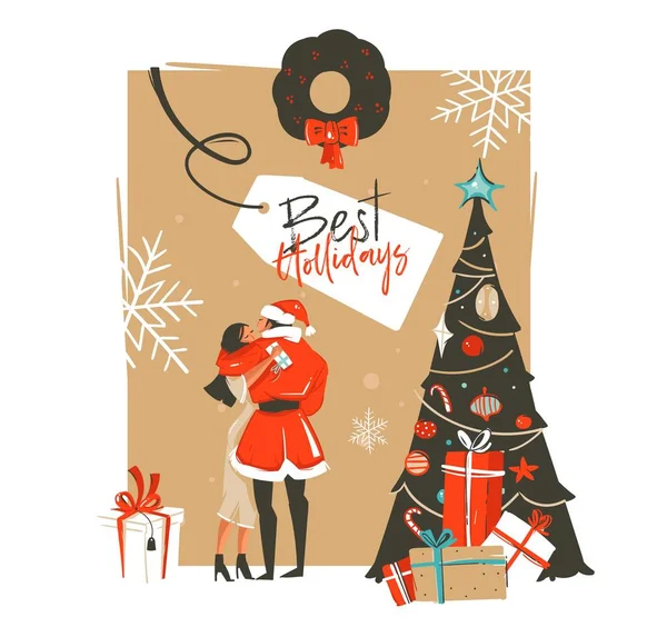 Рука намальована векторна абстрактна забава Щасливий новорічний час мультяшна ілюстрація з романтичною парою, яка цілує і обіймає, різдвяний вінок і типографія ізольовані на коричневому фоні — стоковий вектор
