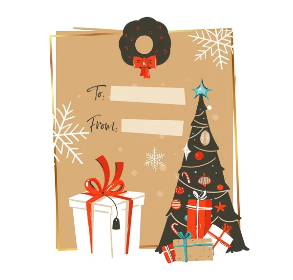 Modèle de carte de vœux avec arbre de Noël, boîte cadeau et lieu pour votre texte isolé sur fond brun — Image vectorielle