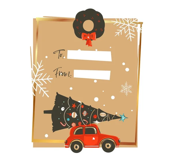 Vector dibujado a mano abstracto Feliz Navidad y Feliz Año Nuevo ilustraciones de dibujos animados vintage tarjeta de felicitación plantilla con coche y árbol de Navidad decorado aislado sobre fondo blanco — Vector de stock