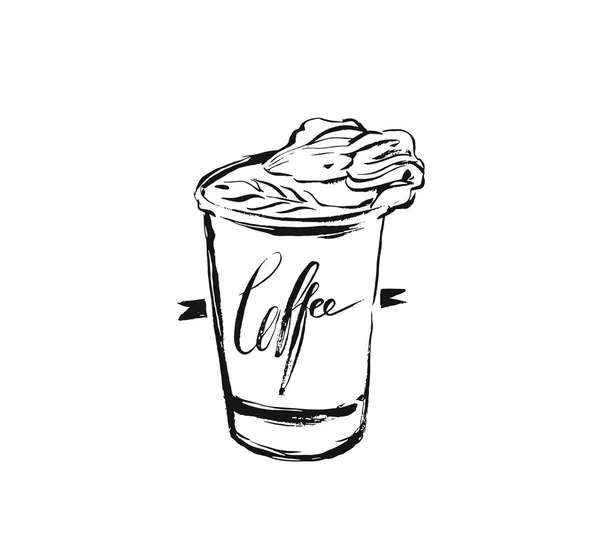 Vetor desenhado à mão tinta artística abstrata desenho desenho ilustração de bebida de coquetel de café quente em taça takeaway e caligrafia de café manuscrita isolada no fundo branco —  Vetores de Stock