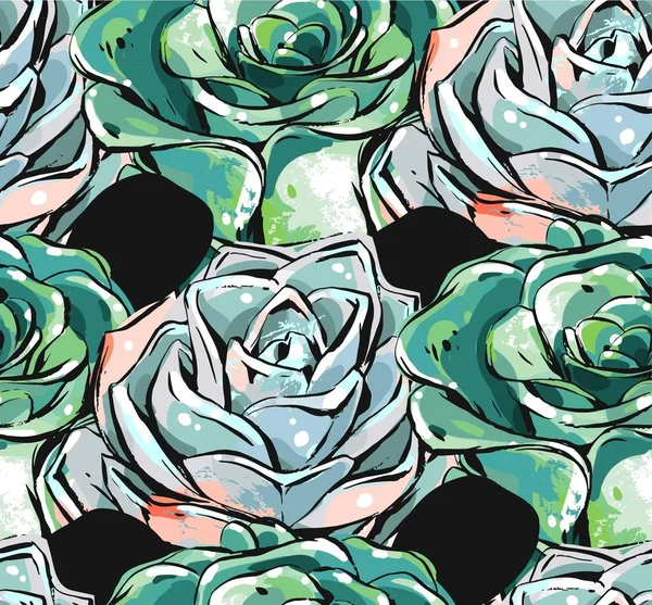 Hand drawn vector abstract ink brush grunge drawing textured crafted decoration succulent cacti flowers seamless pattern isolated on white background.