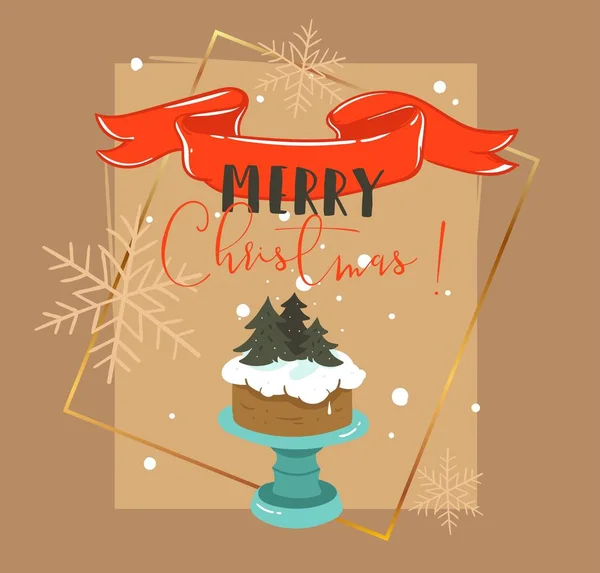 Χέρι συρμένο διάνυσμα αφηρημένο καλά Χριστούγεννα και Ευτυχισμένο το νέο έτος χρόνου ρετρό καρτούν εικονογράφηση ευχετήρια κάρτα με κέικ σταθεί σχεδιασμό, γκι στεφάνι και σύγχρονη τυπογραφία που απομονώνονται σε καφέ φόντο — Διανυσματικό Αρχείο