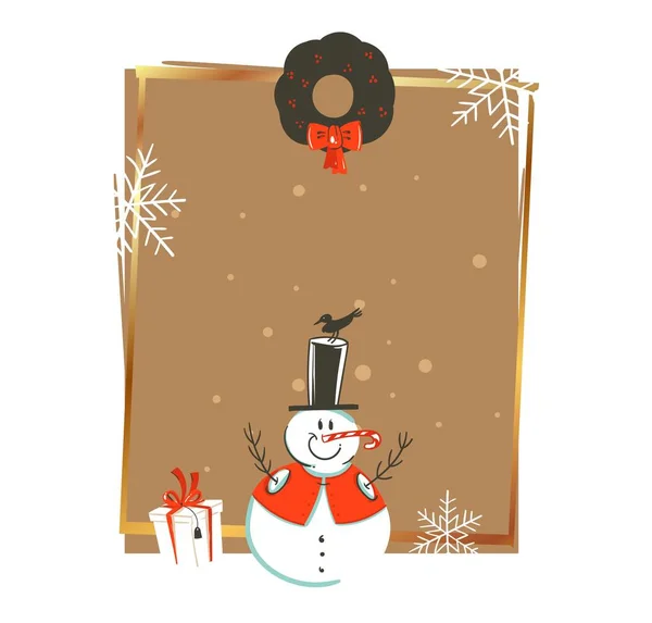 Ručně kreslenou vektorové abstraktní Veselé Vánoce a šťastný nový rok čas vintage kreslené ilustrace šablony přání s sněhulák a Dárkový box izolovaných na bílém pozadí — Stockový vektor