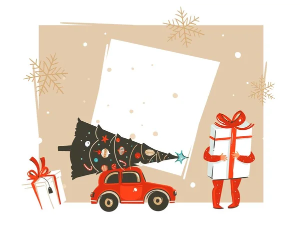 Ručně kreslenou vektorové Veselé Vánoce a šťastný nový rok čas vinobraní kreslené ilustrace hlavičky šablony přání s malým chlapcem kid, který drží velký Dárkový box izolovaných na bílém pozadí — Stockový vektor