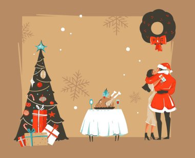 Vektör soyut Happy New Year zaman karikatür çizimler retro kartı ile romantik çift öpüşme ve altına ökse otu, ağaç ve sofra zanaat arka plan üzerinde izole sarılma el çekilmiş