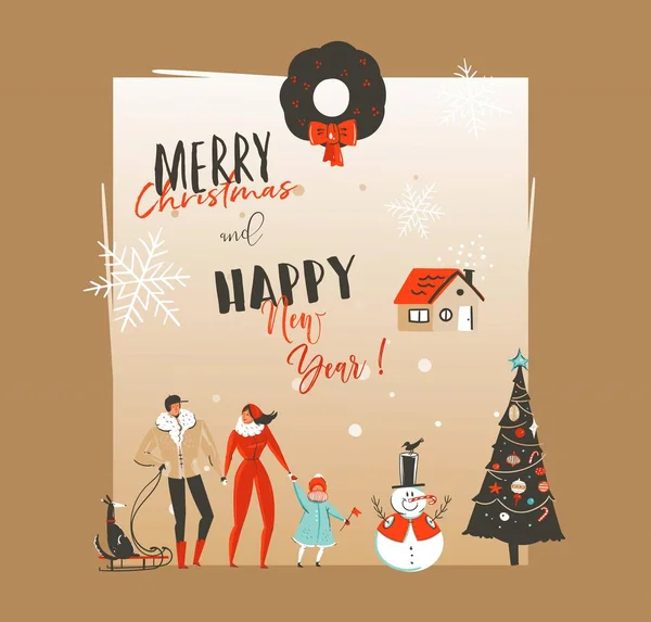 Χέρι διανυσματικά αφηρημένη καλά Χριστούγεννα και Ευτυχισμένο το νέο έτος χρόνου vintage γελοιογραφία εικονογραφήσεις πρότυπο ευχετήριας κάρτας με άτομα της οικογένειας walkin, σκύλος και χιονάνθρωπος απομονώνονται σε σκάφη χαρτί υπόβαθρο — Διανυσματικό Αρχείο