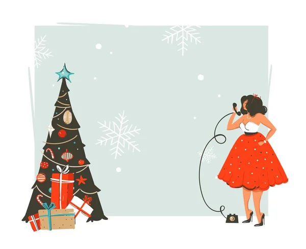 Vector dibujado a mano abstracto Feliz Navidad y Feliz Año Nuevo tiempo retro ilustración de dibujos animados vintage tarjeta de felicitación con la mujer hermosa en el vestido y el lugar para su texto aislado sobre fondo blanco — Vector de stock