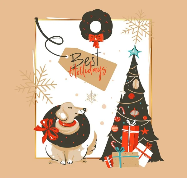 Elle çizilmiş vektör soyut neşeli Noel ve mutlu yeni yıl zaman vintage illüstrasyonlar tebrik kartı şablonu ile labrador köpek çizgi film ve süslenen izole kahverengi zemin üzerine xmas ağacı — Stok Vektör