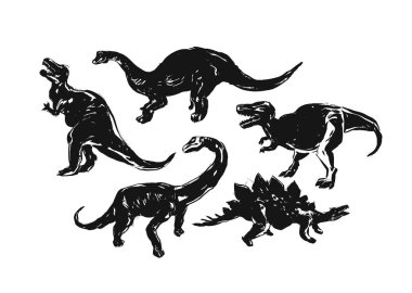 Elle çizilmiş vektör soyut mürekkep fırça grunge çizim hazırlanmış siluet dekorasyon resimler koleksiyonu kümesi beyaz arka plan üzerinde izole dino dokulu