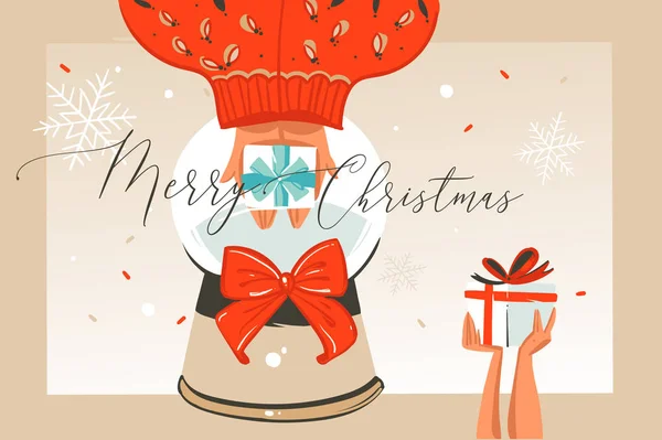 Hand getrokken vector abstracte plezier Merry Christmas tijd cartoon afbeelding wenskaart met mensen handen, verrassing geschenkdozen en xmas kalligrafie geïsoleerd op ambachtelijke achtergrond — Stockvector