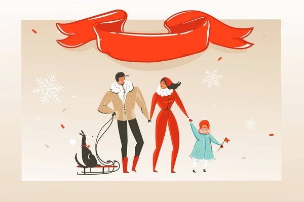 Mão desenhado vetor abstrato divertido Feliz Natal tempo cartoon ilustração cartão de saudação com família feliz e fita vermelha com espaço de cópia lugar isolado no fundo ofício —  Vetores de Stock