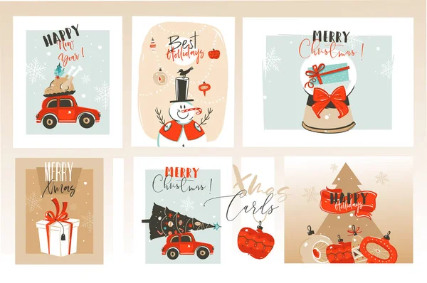 Handgezeichnete Vektor abstrakte Spaß frohe Weihnachten Cartoon-Illustrationen Grußkarten und Hintergründe Sammlung Set mit Geschenkboxen, Weihnachtsbaum und Kalligraphie isoliert auf handwerklichem Hintergrund — Stockvektor
