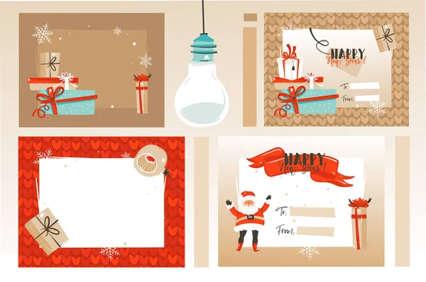 Handgezeichnete Vektor abstrakte Spaß frohe Weihnachten Cartoon-Illustrationen Grußkarten und Hintergründe Sammlung Set mit Geschenkboxen, Weihnachtsbaum und Kalligraphie isoliert auf handwerklichem Hintergrund — Stockvektor