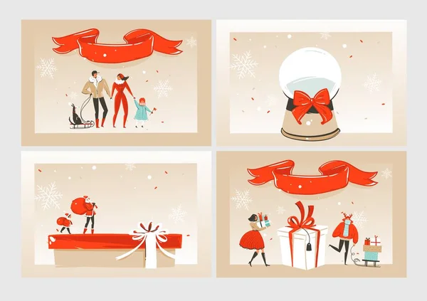 Tiré à la main vectoriel abstrait amusant Joyeux Noël temps dessins animés illustrations cartes de vœux, pages de destination et fonds collection sertie de boîtes-cadeaux et groupe de personnes isolées sur fond d'artisanat — Image vectorielle