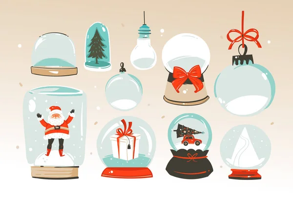 Hand getekende vector abstract vrolijk kerstfeest en gelukkig Nieuwjaar tijd grote cartoon sneeuw globe bol illustraties collectie set geïsoleerd op witte achtergrond — Stockvector