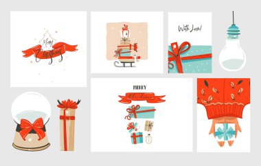 El ile hediye kutuları, insanlar ve Noel ağacı beyaz arka plan üzerinde izole çizilmiş vektör soyut eğlenceli neşeli Noel zaman karikatür çizimler tebrik kartları ve arka planlar büyük koleksiyonu ayarla