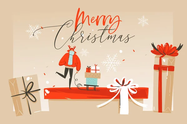 Hand getrokken vector abstracte plezier Merry Christmas tijd cartoon afbeelding wenskaart met happy xmas marktlieden en Merry Christmas tekst geïsoleerd op ambachtelijke achtergrond — Stockvector