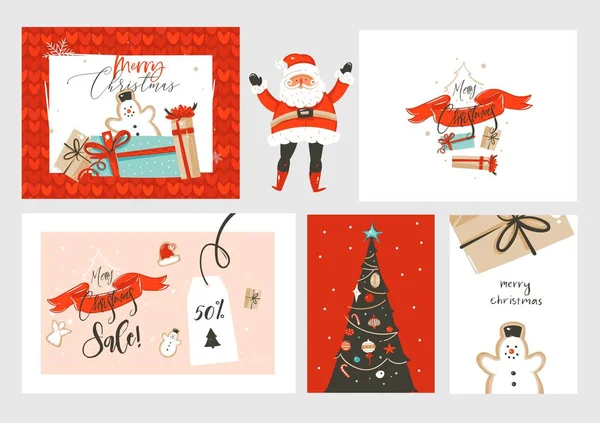 Mão desenhado vetor abstrato divertido Feliz Natal desenhos animados ilustrações cartões e fundos grande coleção set com caixas de presente, pessoas e árvore de Natal isolado no fundo branco —  Vetores de Stock