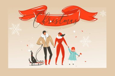 Elle çizilmiş vektör soyut eğlenceli neşeli Noel zaman çizgi film illüstrasyon tebrik kartı ile mutlu bir aile ve kırmızı kurdele ile zanaat arka plan üzerinde izole Noel tipografi