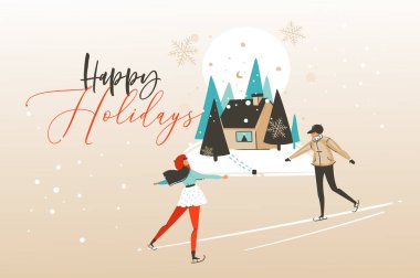 Çizilmiş vektör soyut eğlenceli neşeli Noel zaman çizgi film illüstrasyon tebrik kartı mutlu xmas kızla el ve oğlum buz pateni sahip mutlu tatil tekne arka plan üzerinde izole metin