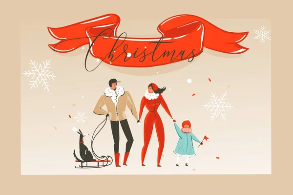 Hand getrokken vector abstracte leuk Merry Christmas tijd cartoon afbeelding wenskaart met gelukkige familie en rood lint met Kerstmis typografie geïsoleerd op ambachtelijke achtergrond — Stockvector