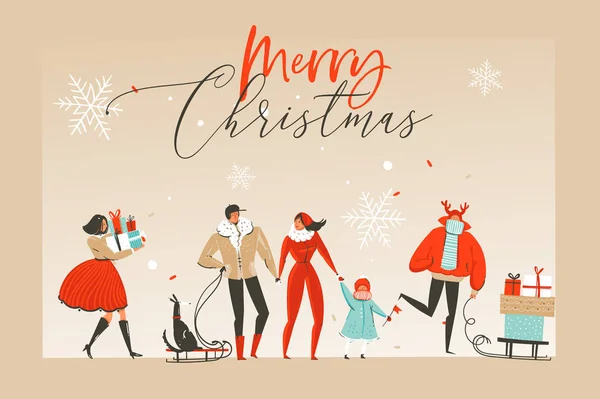 Рука намальована вектор абстрактні веселі веселі різдвяні часи мультяшна ілюстрація вітальна листівка з щасливим різдвяним ринком людей і червона стрічка з різдвяною типографією ізольовані на тлі ремесел — стоковий вектор