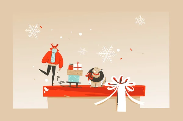 Handgezeichnet Vektor abstrakt Spaß fröhliche Weihnachtszeit Cartoon Illustration Grußkarte mit glücklichen Weihnachtsmarktbesuchern, Hund und Kopierplatz für Ihren Text isoliert auf handwerklichem Hintergrund — Stockvektor