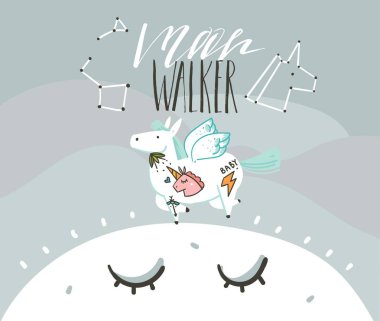 Elle çizilmiş vektör grafik yaratıcı sanatsal karikatür çizimler poster bir arka plan ile astronot eski okul ile pegasus dövme, el yazısı hat üzerinde mavi arka plan izole