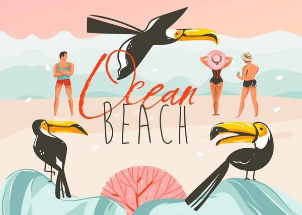 Χέρι διανυσματικά αφηρημένη κινουμένων σχεδίων θερινή ώρα γραφικές απεικονίσεις τέχνης πρότυπο φόντο με ωκεανό παραλία τοπίο, ροζ ηλιοβασίλεμα, Τουκάν πουλιά και ομάδα ανθρώπων με Ocean Beach τυπογραφία — Διανυσματικό Αρχείο