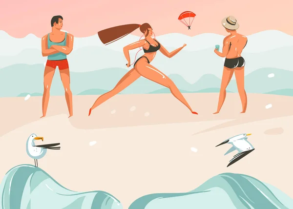 手描きベクトル抽象漫画夏の時間のグラフィック イラスト アート テンプレート背景海ビーチ風景、ピンクの夕日、男の子のビーチのシーンで実行している女の子と — ストックベクタ