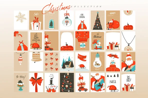 手描きベクトル抽象楽しいメリー クリスマス時間漫画イラストのグリーティング カード テンプレートと背景大きなコレクション セット ギフト用の箱、白い背景で隔離のクリスマス ツリーと — ストックベクタ