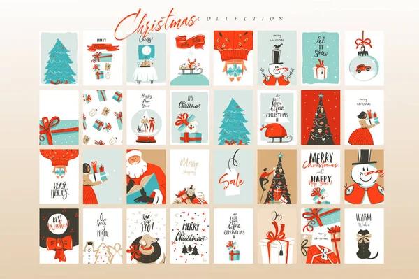 Elle çizilmiş vektör soyut eğlenceli hediye kutuları, insanlar ve beyaz arka plan üzerinde izole Xmas ağacı ile küme Merry Christmas zaman karikatür çizimler tebrik kartları şablonu ve arka planlar büyük koleksiyon