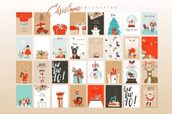 Diversión abstracta vectorial dibujada a mano Feliz Navidad ilustraciones de dibujos animados tarjetas de felicitación plantilla y fondos gran colección conjunto con cajas de regalo, personas y árbol de Navidad aislado sobre fondo blanco — Vector de stock